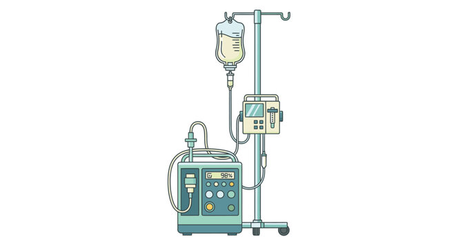 Medical IV infusion pump with saline solution bag on stand