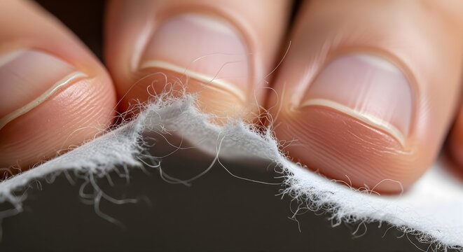Extreme close up of human fingers holding thin piece of torn white fabric