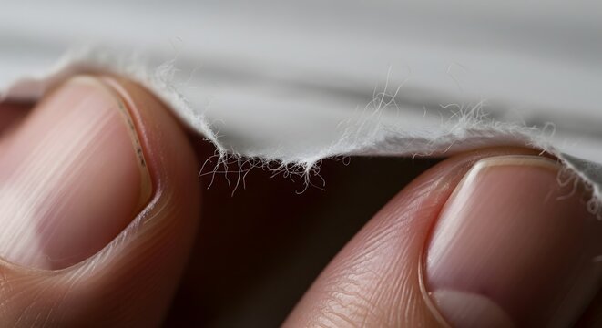 Extreme close up of human fingers holding torn white paper edge