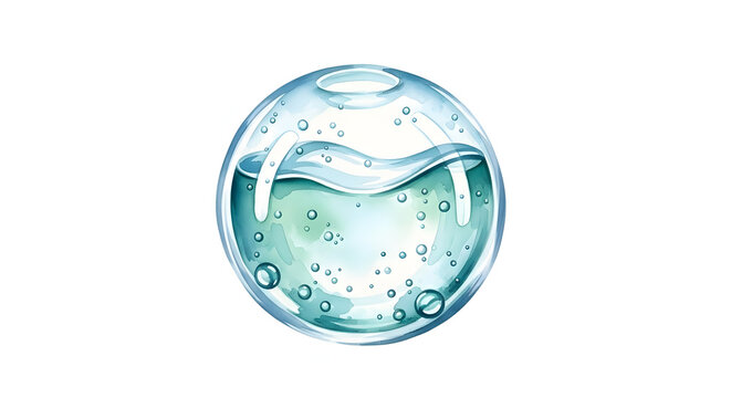 Watercolor illustration of a spherical edible seaweed hydration pod filled with clear blue water and air bubbles, isolated on white, showcasing sustainable biodegradable packaging design.