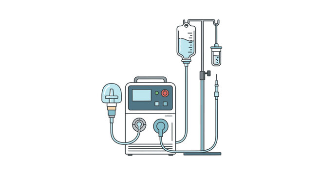 Medical IV infusion pump with tubes and saline solution
