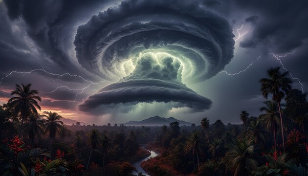 Dramatic supercell thunderstorm cloud with rotating structure over tropical landscape