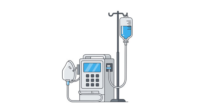Medical IV infusion pump with saline solution bag on stand