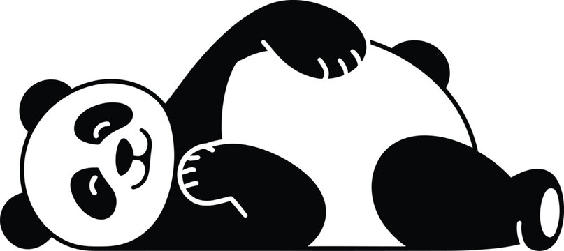 black silhouette, panda bear, reclining, lying down, flat minimalist, monochrome, black and white, animal, wildlife, bear, cute, simple shapes, silhouette of a reclining panda bear on white background