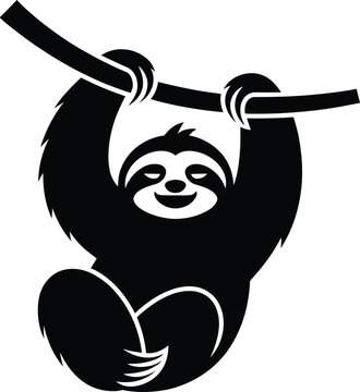 black silhouette, sloth, hanging, branch, tree, monochrome, minimalist, eps10, animal, wildlife, nature, cartoon, stylized, outline, simple 2d, digital anim silhouette of a sloth hanging from a branch