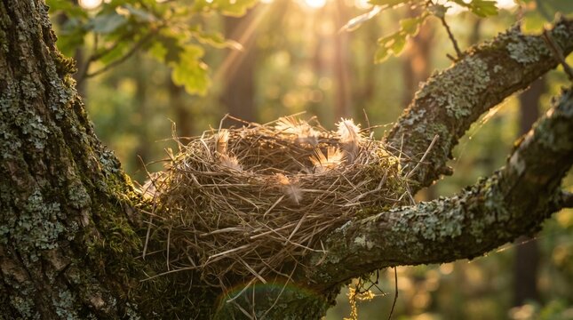 Quiet empty nest resting in sturdy tree branches beneath a radiant sky inspiring peace and organic art