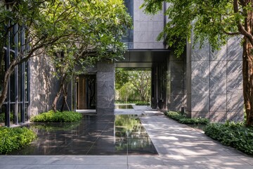 Naklejka premium Modern building entrance with stone facade and reflection pool in a lush garden setting for luxury real estate and architectural marketing