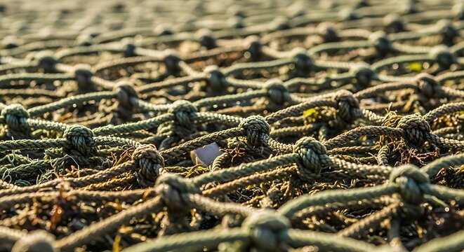 Close up of fishing net with intricate knots and textures outdoor sunlight