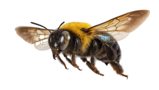 Fuzzy yellow and black bumblebee with transparent wings, isolated on transparent background