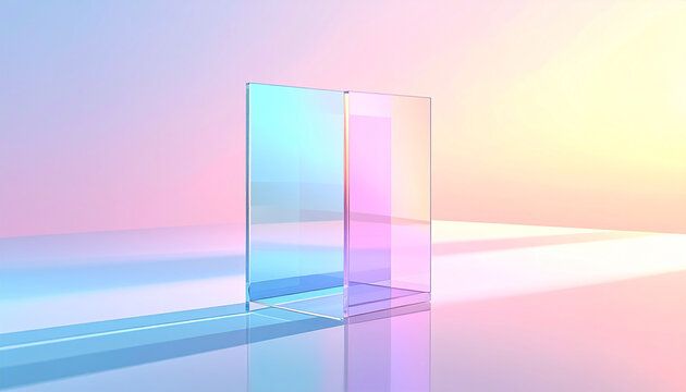 Abstract transparent glass display with colorful lighting and shadows