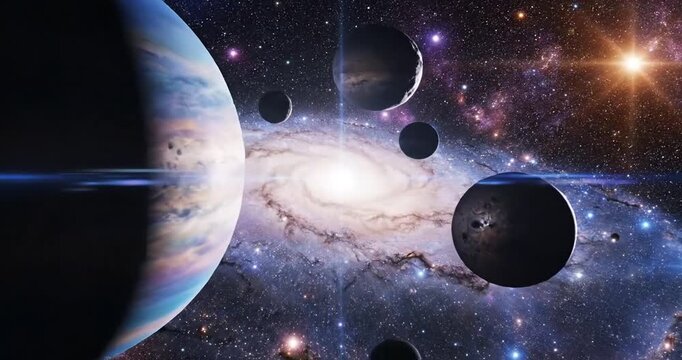 Cosmic Journey Through Space with Planets Orbiting a Bright Star in a Vast Galaxy