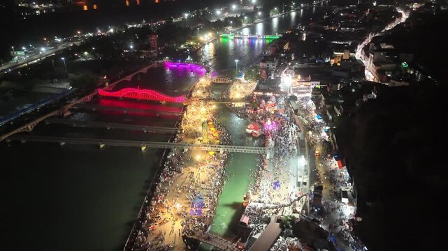 Aerial Night View of Har Ki Pauri Ghat in Haridwar Uttarakhand India