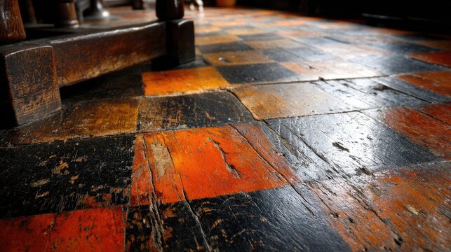 Close up of a weathered wood floor with a checkered pattern in orange and black