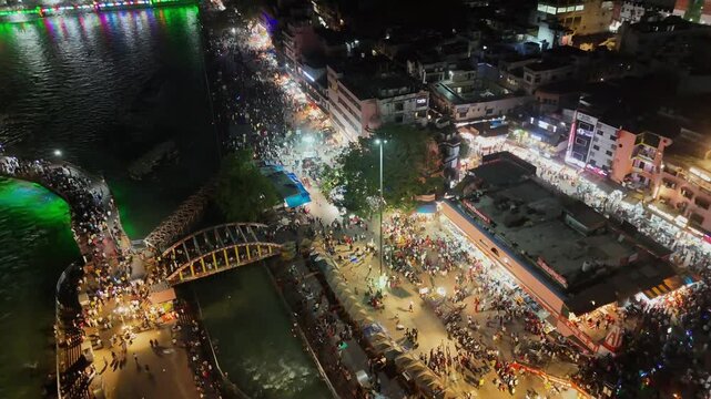 Aerial Night View of Har Ki Pauri Ghat in Haridwar Uttarakhand India