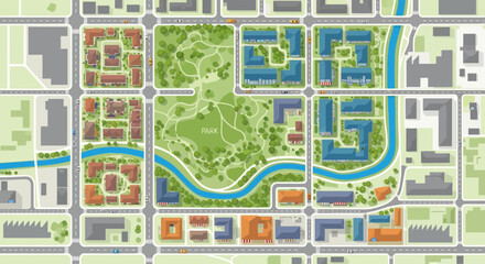 Aerial View of a Green City Park and Urban Neighborhoods © adi