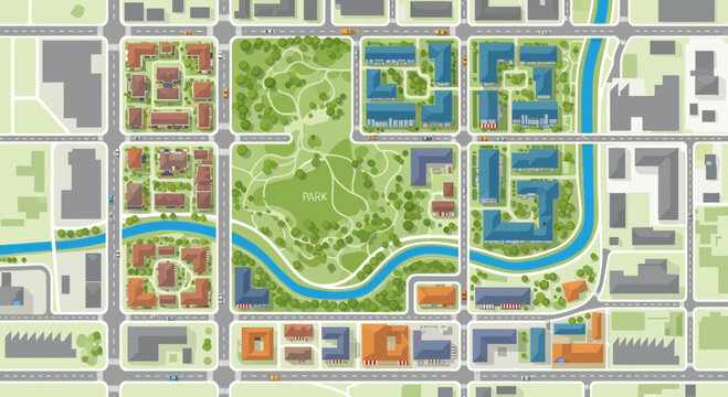 Aerial View of a Green City Park and Urban Neighborhoods