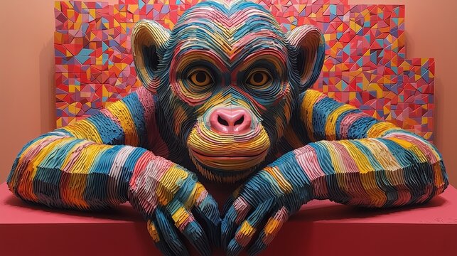 Vibrant handmade knitted chimpanzee plush toy with striped yarn texture, leaning on a red couch against a colorful geometric mosaic wall, cozy interior decor concept