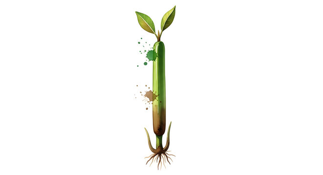 Illustrated mangrove propagule seedling with green leaves and root system isolated on a white background with decorative watercolor paint splatters, botanical scientific art style.