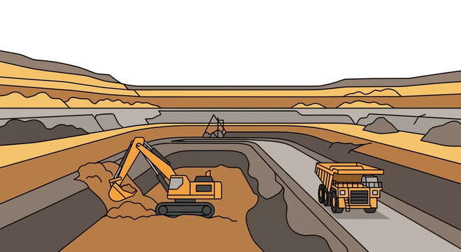 Excavator and Dump Truck in Open Pit Mine, Earthworks and Quarrying Operations