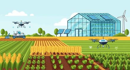 Smart Farming: Drones, Greenhouse, Solar Panels, Wind Turbine on Agricultural Field © adi