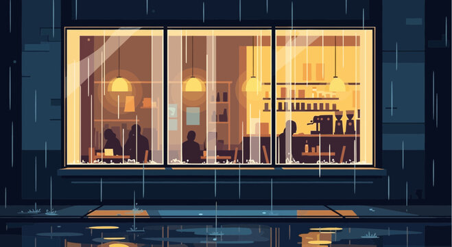 Cozy cafe interior seen through rainy window at night, warm lights, people silhouettes