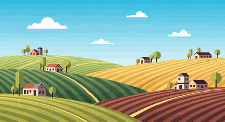 Fototapeta premium Idyllic Rural Landscape with Rolling Hills, Farms, and Crops under a Blue Sky
