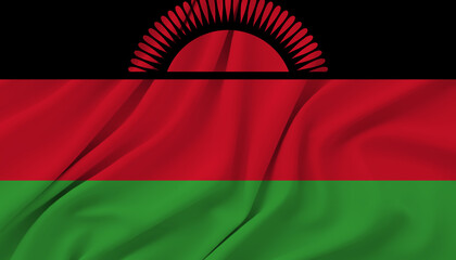 Malawi flag waving showing black red and green stripes with rising sun. © SAJADA