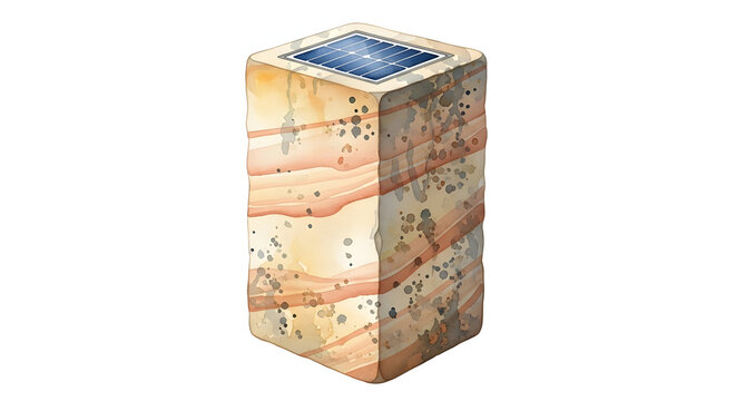 Watercolor illustration of a solar-integrated sandstone garden column featuring layered sedimentary rock patterns in tan and orange tones, isolated on a white background for design.