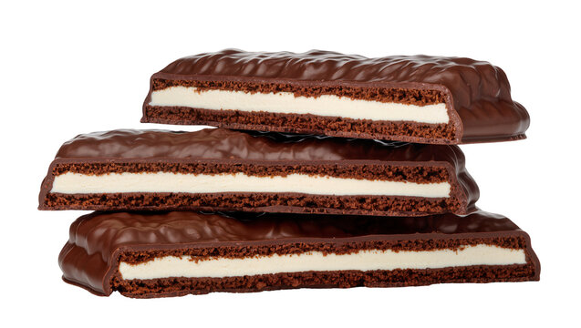 Stack of three chocolate bars with creamy white filling, isolated on transparent background