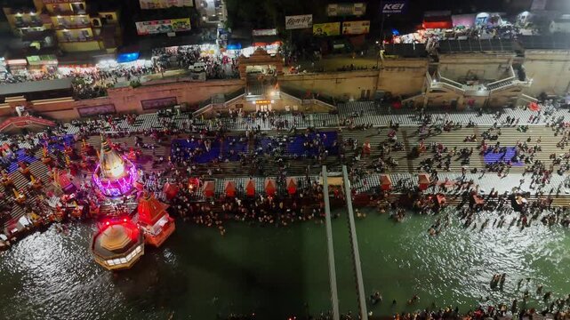 Aerial Night View of Har Ki Pauri Ghat in Haridwar Uttarakhand India