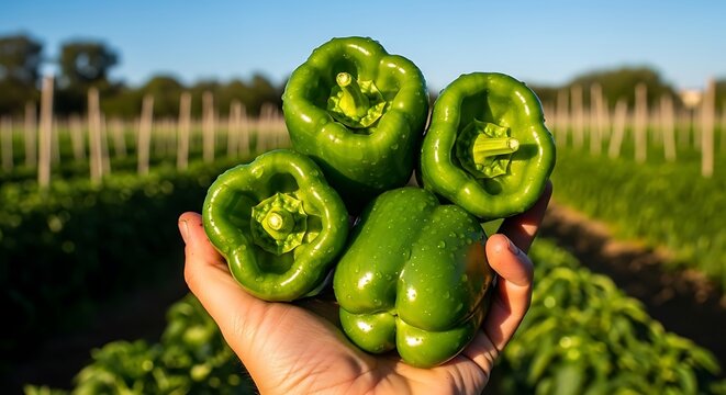 Close up of fresh green bell peppers in hand with agricultural field background