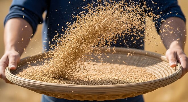 Farmer winnowing dry rice grains in a bamboo basket to remove chaff