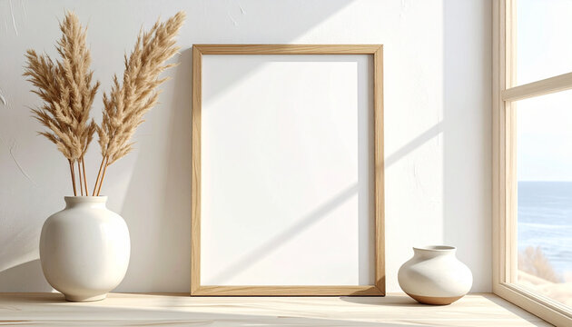 Blank picture frame with dried flowers and decorative vases on a wooden surface