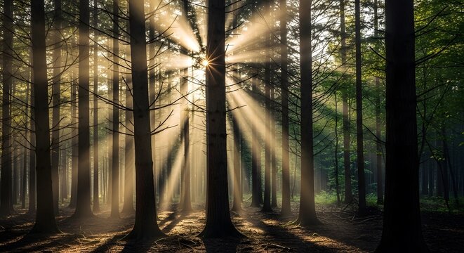 golden sun rays piercing dense forest canopy with warm morning light and misty atmosphere