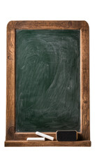 Old wooden framed chalkboard with chalk and eraser, isolated on transparent background © Johnson