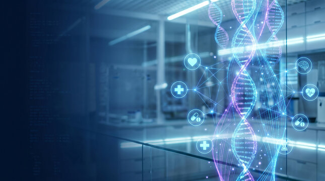 Futuristic digital medical HUD interface screen displaying glowing DNA double helix structure and healthcare infographics over a dark blur clinical science lab background