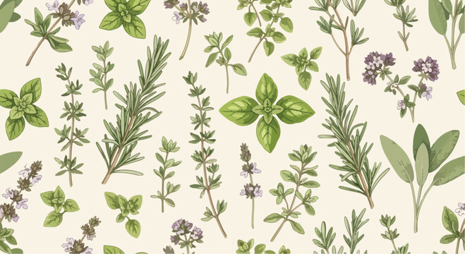 Vintage botanical herbs seamless pattern vector, hand drawn culinary herb illustration background, rosemary basil thyme and sage garden greenery
