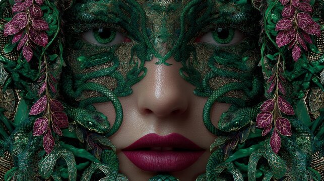 Close-up surreal digital portrait of a woman framed by ornate emerald leaves and purple foliage, dramatic makeup and glossy skin, fantasy beauty concept on dark background