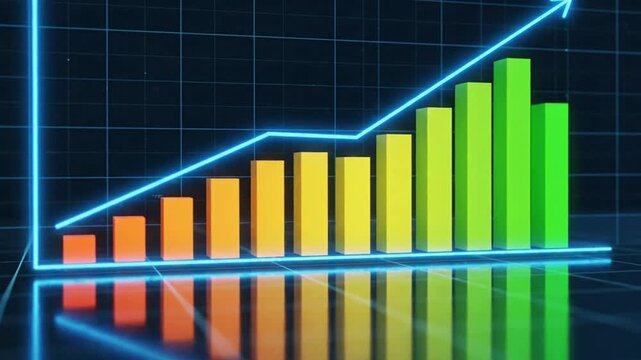 A colorful bar graph rises sharply upwards on a grid background