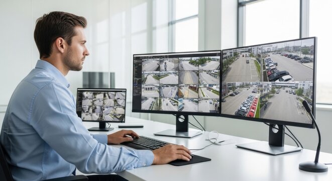 Security professional monitoring multiple surveillance camera feeds on computer screens in office environment