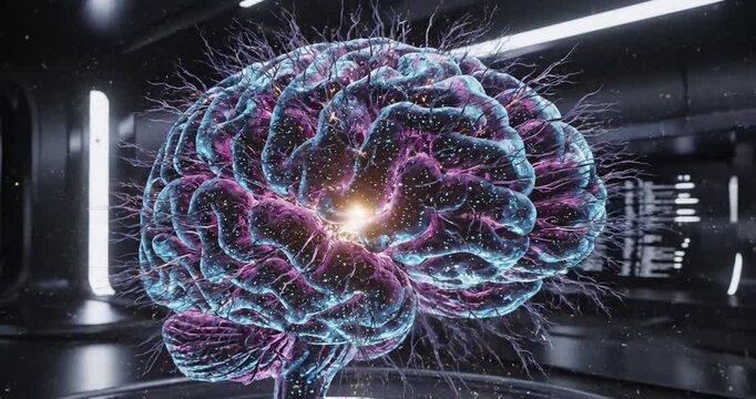 Abstract representation of a brain with colorful energy bursts in a futuristic setting
