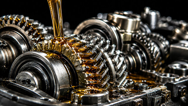 Lubricating fluid pouring onto complex rotating metallic gears in high performance engine mechanism.