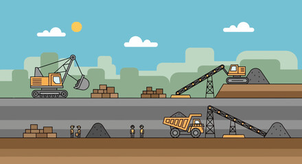 Construction site with excavators, trucks, and conveyor belts, industrial work, flat design © Andi