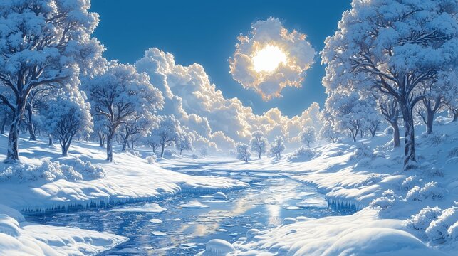 Serene winter scene with frost-covered trees, deep snowdrifts and a frozen river reflecting sunlight beneath dramatic clouds, ideal for seasonal backgrounds and nature themes