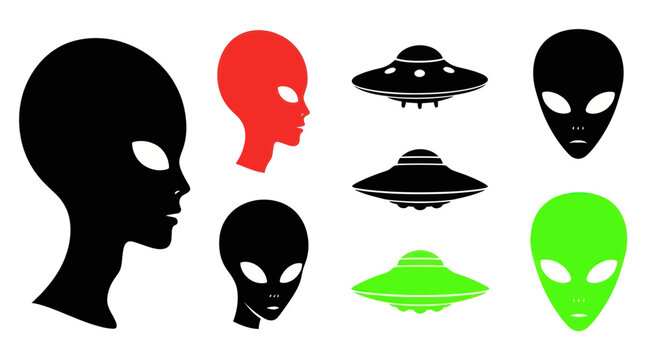 Alien Icons: UFOs and Extraterrestrial Heads in Black, Red, and Green