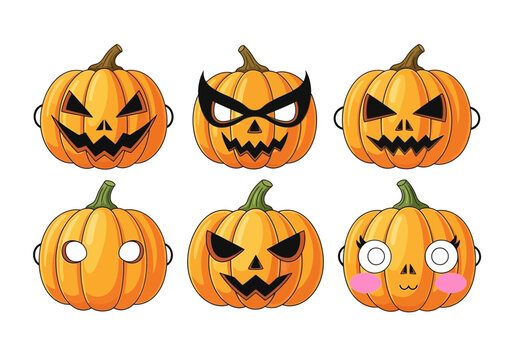 Six carved pumpkins with different Halloween faces.