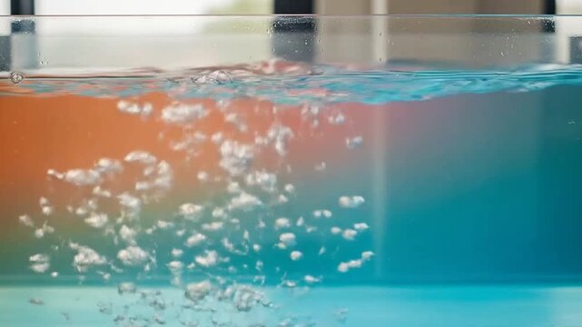 Bubbles rising in colorful layered water.