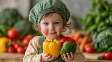 Fototapeta premium Toddler chef holding colorful bell peppers promoting healthy eating