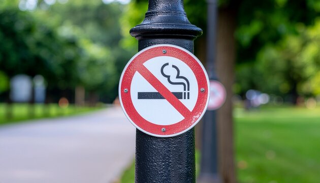 No Smoking" sign prominently displayed on a black pole within a public park, symbolizing a commitment to clean air and promoting a healthy, smoke-free environment for all visitors