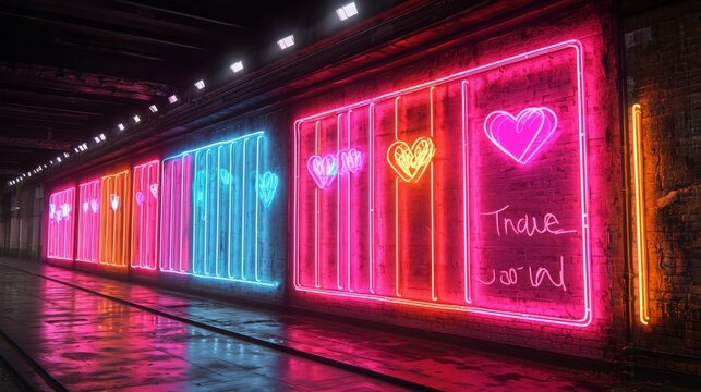 Vibrant neon heart graffiti and glowing light panels on a brick wall inside a dark urban tunnel, with wet pavement reflections and moody nightlife atmosphere
